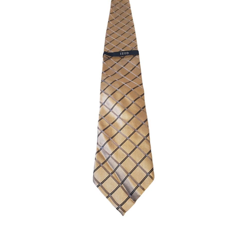 NWT Izod Designer Silk Neck Tie Gold Black Geometric Plaid Criss Cross Checker